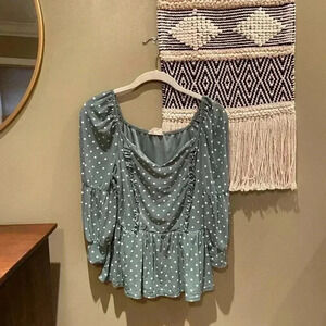 EMBER SAGE GREEN POLKA DOT RUFFLE TOP M